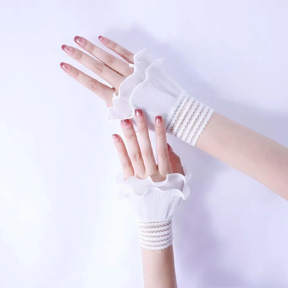 Women's Flared Sleeves White Elastic Bracelet Wrist Cuffs Gloves Wedding Party